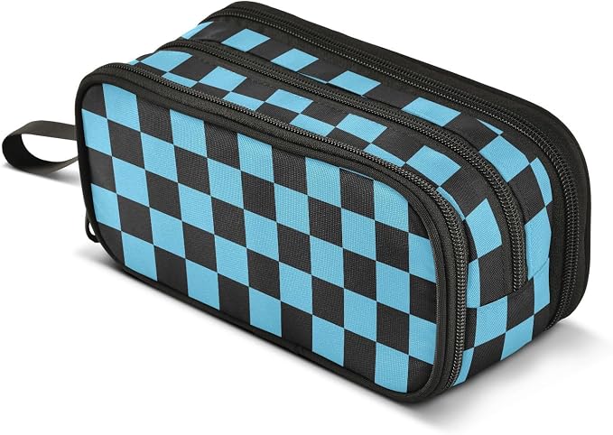 Black Blue Checkered Pattern Pencil Case Box Boys Girls Large Pencil Pouch by BOENLE-WELCOMEYOURCOMING