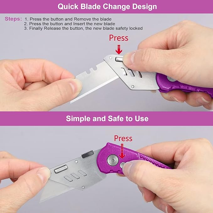 Vickay Folding Utility Knife, Box Cutter with 5 SK5 Quick Change Blades, Safety Axis Lock Design Razor Knife, Lightweight Aluminum Handle Belt Clip for Office Home Artcraft (Hot Pink)