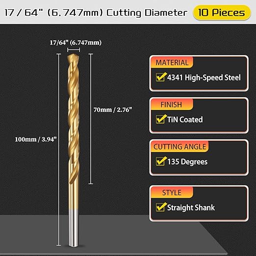 Drill Bit, 17/64" Cutting Diameter, 4341 HSS TiN Coated 135° Cutting Angle Jobber Bits - (Applications: for Drilling Soft Metal Plastic Wood), 10-Pieces