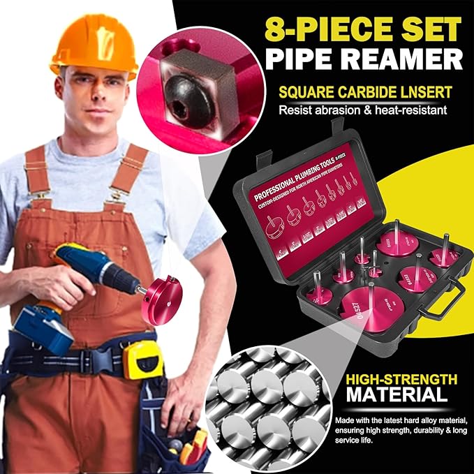 Premium 8Pcs PVC Pipe Reamer Kit - Complete Reamer Set, Fits Standard 1/2" Drills, Includes P3/4", 1", 1-1/4", 1-1/2", 2", 2-1/2", 3", 4" For Standard 1/2" Drills, Ideal for PVC, CPVC, ABS Pipes