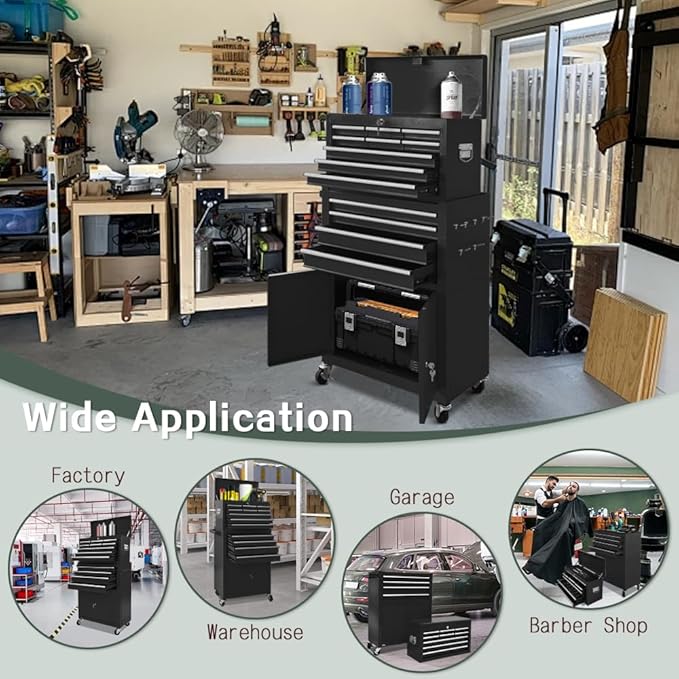 Tool Chest 13-Drawer with Double Door Handle,2 in 1 Detachable Rolling Tool Chests with Wheels and Drawers,Large Tool Box with Lock (Black)