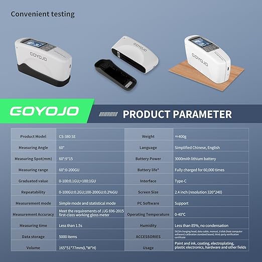 High Precision Degree Gloss Meter 60° for Floor, Plastic, Cars Paint, Marble, Measurement Range 0-200GU with 320 * 240 Color Screen & USB Charging, Supports Computer QC Software for Data Analysis