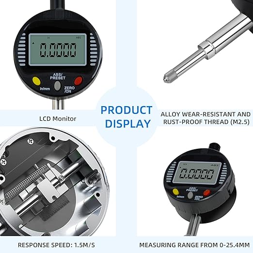 Digital Dial Gauge,with A Range of 25.4mm,Dlectrical Digital Indicator Accuracy of 0.01mm/0.0005 "Metric and Imperial Measure Tool Electronic Dial Gauge for 3D Printing,CNC Machine and Auto Repair