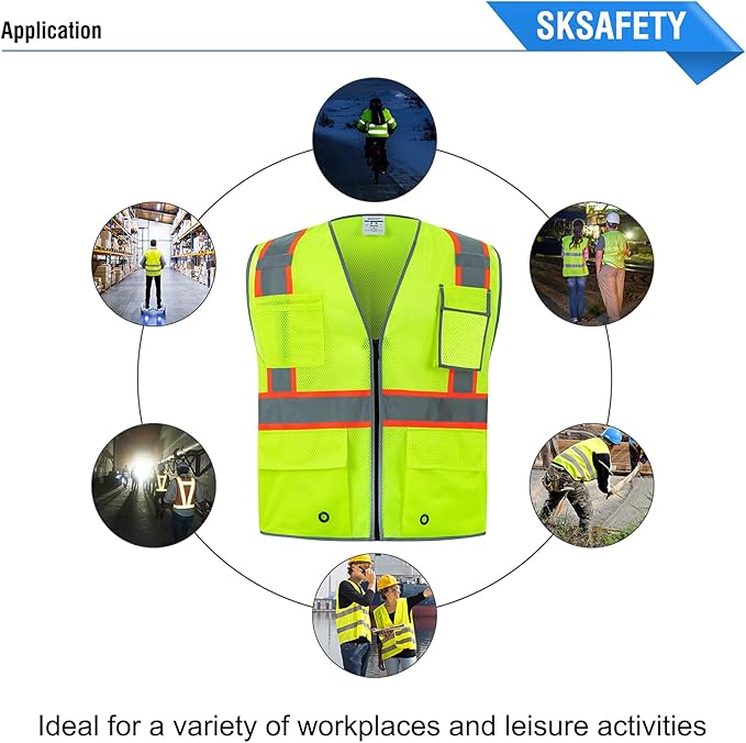 SKSAFETY 10 Pockets Safety Vest, Class 2 High Visibility Security with Zipper Double-sided mesh, Hi Vis Vest with Reflective Strips, ANSI/ISEA Standard, Construction Work Vest （Lime, M