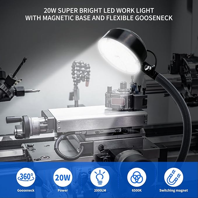 Magnetic Work Light, LED Machine Light, Gooseneck Work Lamp with Flexible and Magnetic Base, Shop Tool Lamp for Lathe,Work Bench,Sewing Machine,Bandsaw, Industrial Lighting, 2000Lumen,Black