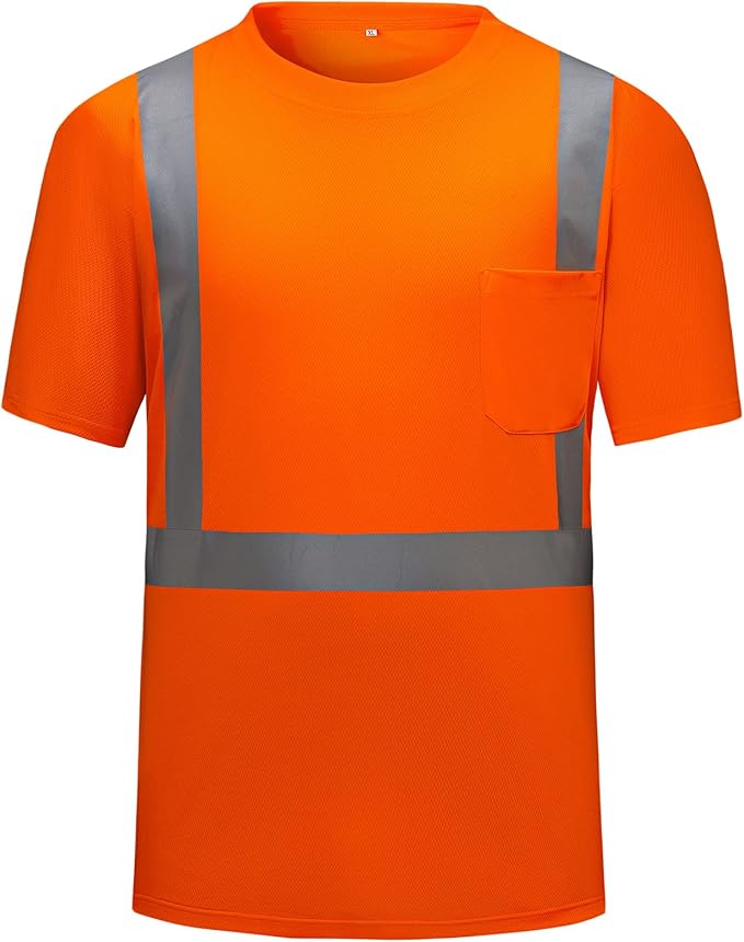 High Visibility Shirts Quick Dry Safety T Shirts with Reflective Strips and Pocket Short Sleeve Mesh Hi Vis Construction Work Class 2 Shirt for Men/Women Orange,Large