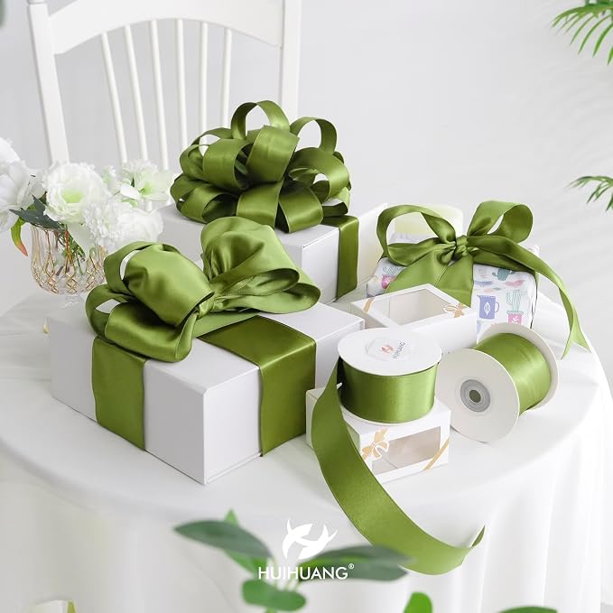 HUIHUANG Olive Green Wired Ribbon 1-1/2 inch Olive Satin Wire Ribbon - Image 4