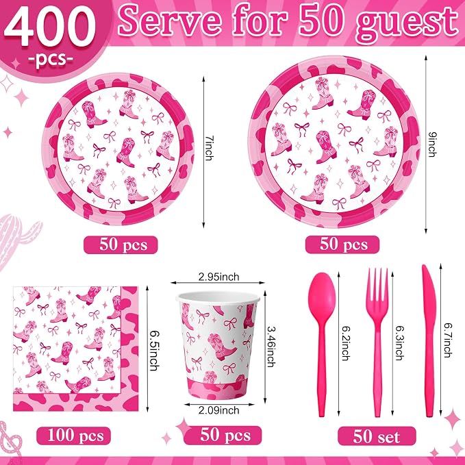 Pickmesh 400 Pcs Western Pink Cowgirl Party Plates and Napkin Decoration Disco - Image 2