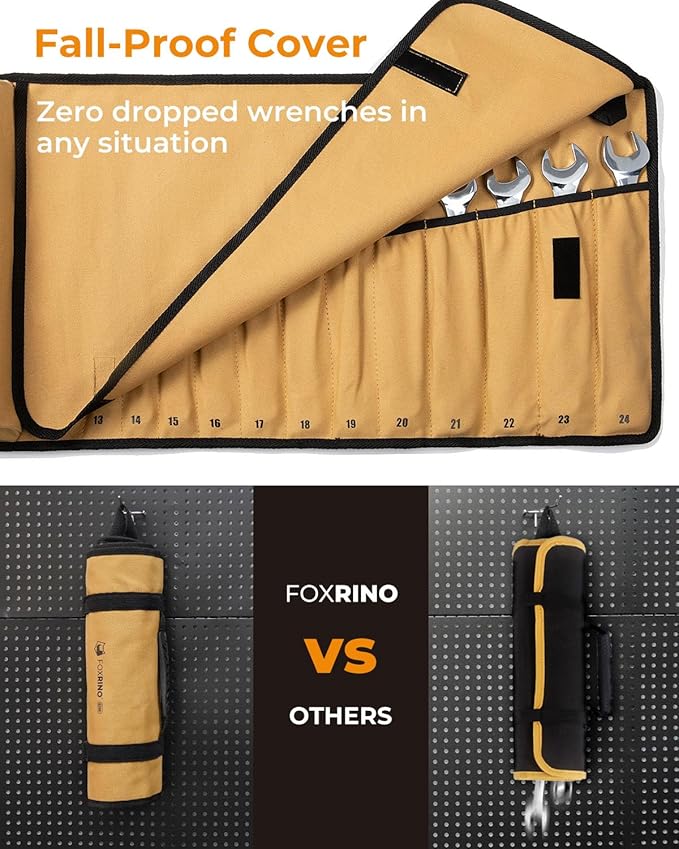 Wrench Roll, Wrench Roll Up Pouch, Gifts for Men Father Dad Mechanic, Heavy Duty Canvas Wrench Organizer Bag (Brown, 19+1 Metric)
