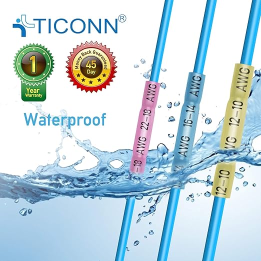 TICONN 100PCS Heat Shrink Butt Wire Connector Kit, Insulated Waterproof Electrical Wire Crimp Terminals Butt Splice for Marine Automotive (100PCS)
