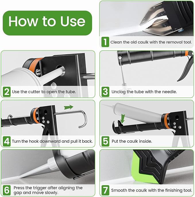 Professional Caulk Gun Kit with Caulk Remover Tool & Putty Knife - 5 in 1 Caulking Tool Set for Caulking Removal, Shower & Bathroom Caulk, Includes Caulking Gun Tool, Caulk Scraper Tool Spackle Knife