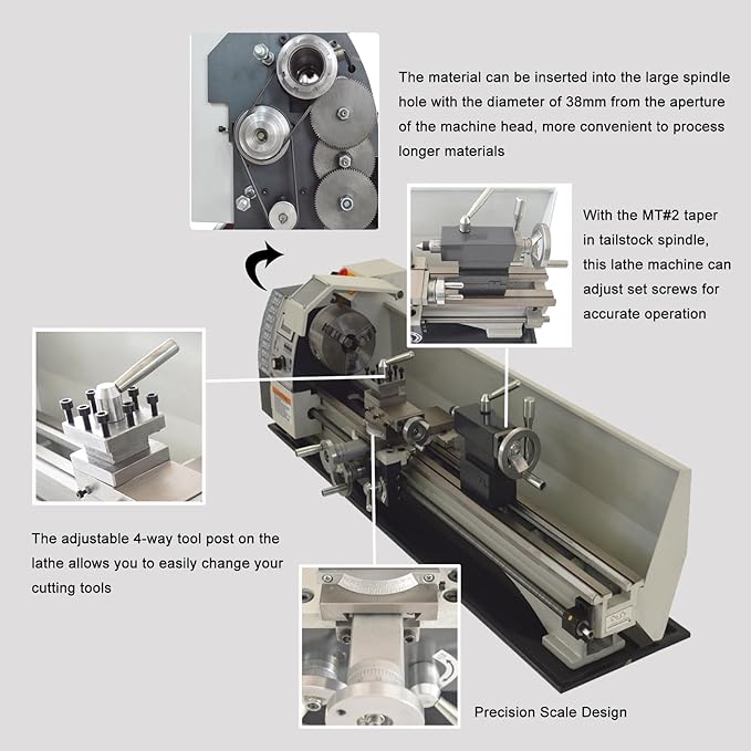 AC110V WM210V 8''X32'' Mini Precision Metric Thread Metal Lathe with 900W Brushless Motor Variable Speed Metal Lathe
