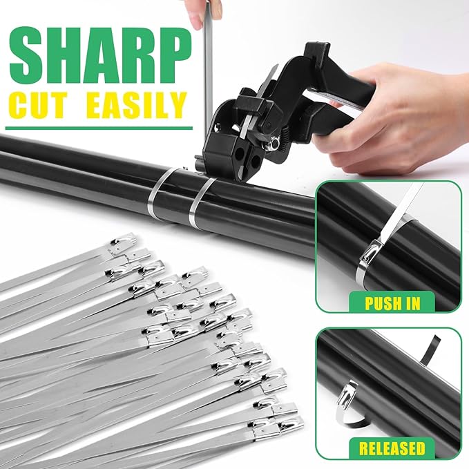 Heavy Duty Stainless Steel Cable Tie Gun Kit with 200 Self-Locking Metal Zip Ties, Adjustable Tension Cutting Tool for Garden Fence Repair, Outdoor Projects (100 of 11.8", 50 Each of 8.6", 6")