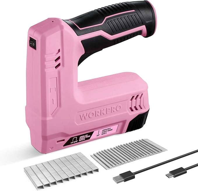 WORKPRO Electric Staple Gun, 2-in-1 Brad Nailer Electric with 2000PCS Staples Nails & USB Charger, 3.6V Staple Gun for Upholstering, Crafts, Carpentry, DIY, Pink Ribbon