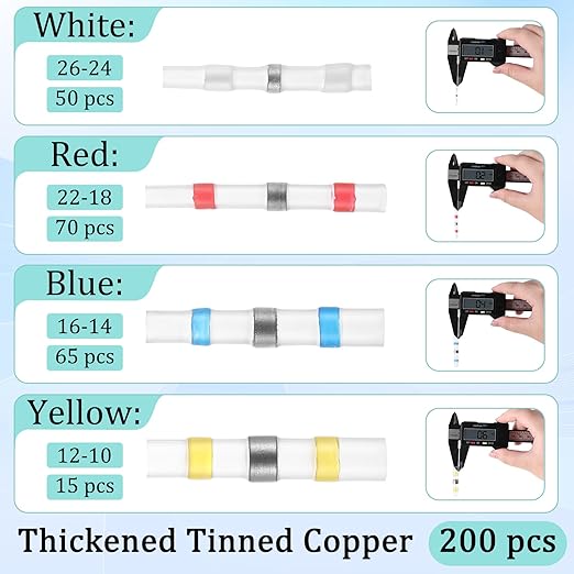Heat Shrink Solder Seal Connectors Kit 200PCS - Waterproof Electrical Terminals, Solder Sleeve Wire Connectors for Marine Automotive Boat Truck Motorcycle (16-14 to 22-18 AWG, Weatherproof, Insulated)
