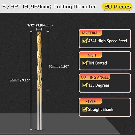 Drill Bit, 5/32" Cutting Diameter, 4341 HSS TiN Coated 135° Cutting Angle Jobber Bits - (Applications: for Drilling Soft Metal Plastic Wood), 20-Pieces