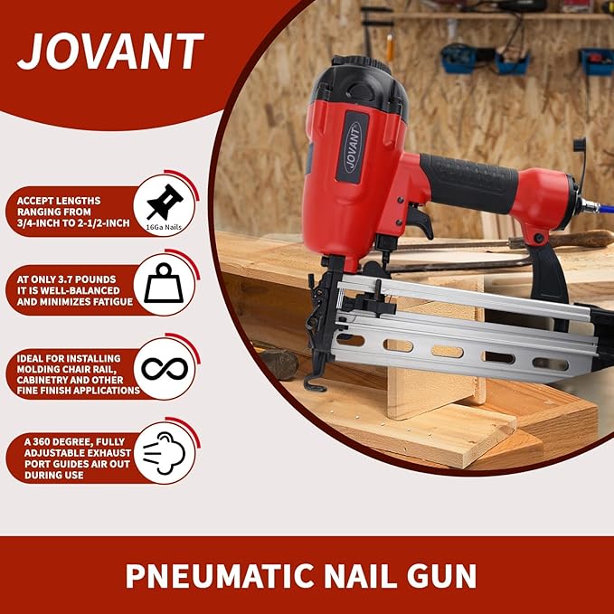 Pnumatic Finish Nailer,16Gauge nail Gun Acepts 3/4 Inch up to 2-1/2 Inch finish Nails.Brad Nailer Gun Can Hit Hardwood Ideal for Upholstery (Include 6m Air tube,1*Nail puller & Portable Bag)
