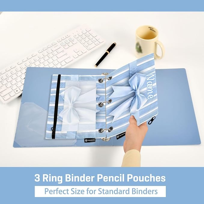 Custom Blue Striped Bow Pencil Pouch - Image 4