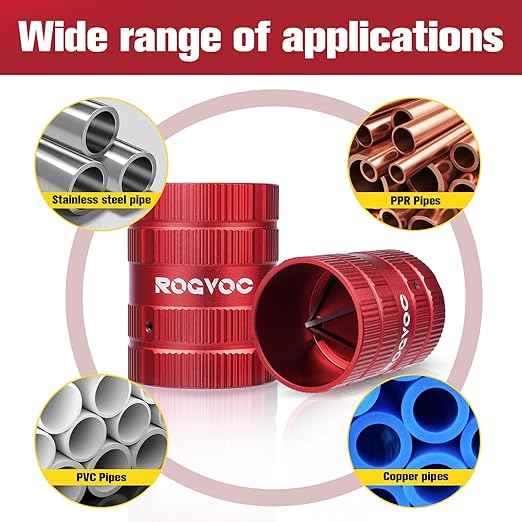 Deburring Tool, Plumbing Reamer Chamfering Tool for 1/4 Inch to 1-5/8 Inches, Inner Outer Pipe Reamer with 4 Solid Cutting Edges for PVC, Copper and Aluminum Tubes, Red