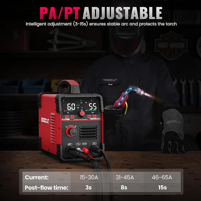 Plasma Cutter, 55Amps HEROCUT Plasma Cutter Machine CUT55i, Non-Touch Pilot Arc, 110/220V Dual Voltage IGBT Inverter, Screen Display, Air Sensor, 1/2'' Clean Cutting Thickness, 2T/4T for Beginners DIY