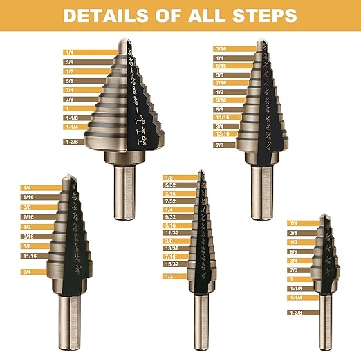 Aleric Step Drill Bit Set - 5 Pcs High Speed Steel Titanium Step Drill Bits, Step Bits for Metal,Wood,Plastic, Step Bit, Multiple Size Hole Cutting Drilling Cone Unibit Step Drill Bit for DIY Lovers