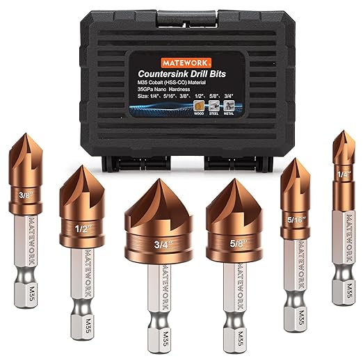 Countersink Drill Bit Set, M35 Cobalt HSS Countersink Drill Bits 6 Pieces 1/4 Inch Quick Change Hex Shank for Metal, Wood, Stainless Steel, Carbon Steel