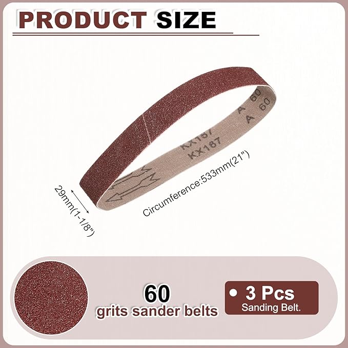 HARFINGTON 1-1/8 x 21 Inch Sanding Belts, 3 Pcs 60 Grits Aluminum Oxide Abrasive Belt Sander File Belt for Woodworking, Metal Polishing, Knife Sharpener