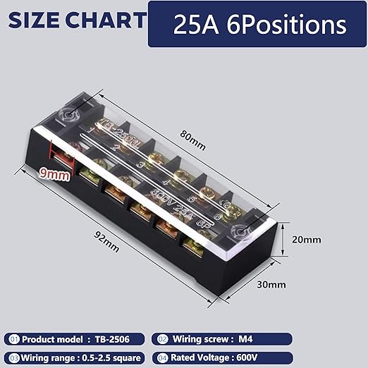 Terminal Block (2 Sets) 2Pcs 6 Positions Dual Row 600V 25A Screw Terminal Strip Blocks withCover&2 PcsPre-Insulated Barrier Termina Block Strip& 12Pcs Insulated Fork Wire Connector