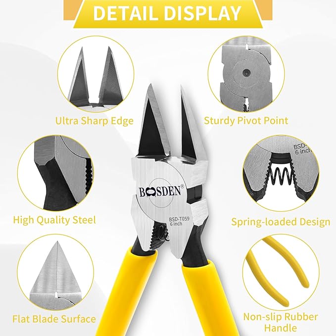 BOOSDEN 5 PACK 6'' Wire Cutters, Diagonal Cutting Pliers, Dikes Side Cutters, Barbed Wire Snips, Precision Spring Loaded Wire Cutters, Mini Wire Cutter Set for Floral, Electrical, Crafting, DIY