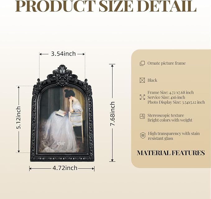 4x6 Black Picture Frame, Vintage Ornate Arched Photo Frame, Glass Front - Image 6
