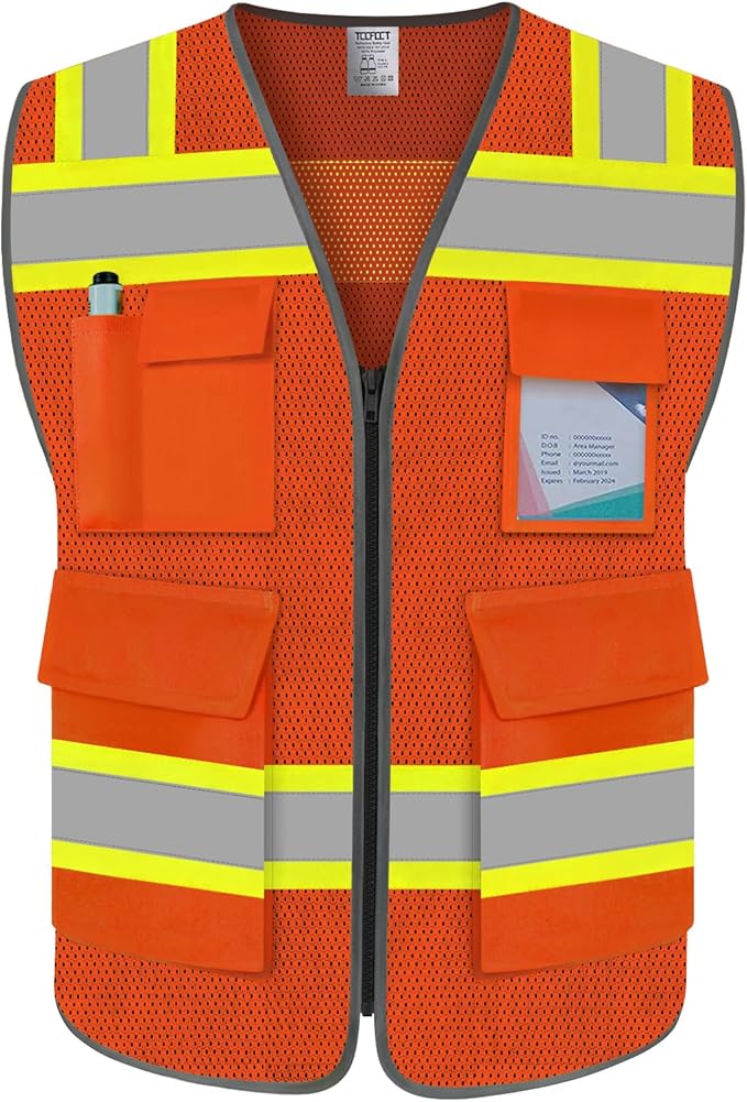 TCCFCCT High Visibility Vest 5 Pockets Mesh Reflective Safety Vest for Men Women, Hi Vis Work Vest with Reinforced Zipper and Fluorescent Yellow Edge, Durable to Use, Meets ANSI/ISEA, DW-Orange, M