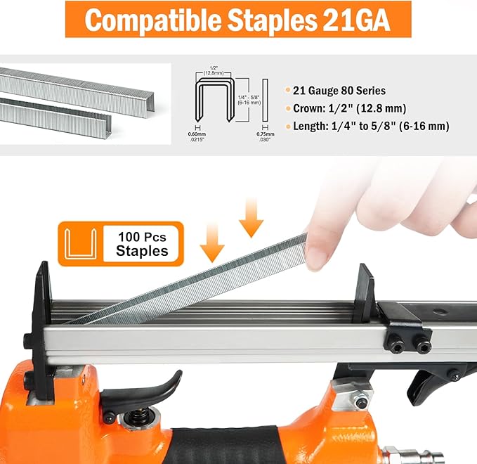 Kamsin 8016K Pneumatic Upholstery Staple Gun 21 Gauge Upholstery Stapler Fits 80 Series Staples with 1/2-Inch Crown and 1/4-Inch to 5/8-Inch Leg Length for Furniture, Cabinet and Woodworking (8016K)