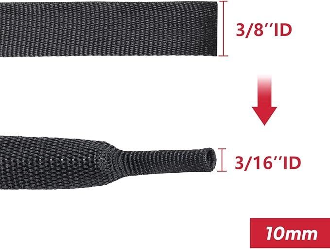Black 2:1 Ratio Automotive Heat Shrink Braided Sleeving,Wear-Resistant Flat Woven Shrinkable Sleeve Fabric Car Cable Wires Hoses Protection (3/8"-50ft)