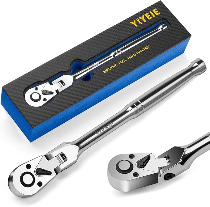 3/8" Drive Flex Head Ratchet, 72 Tooth Swivel Head Ratchet, Quick-Release, CR-V Steel, Flexible Ratchet Wrench with EVA Foam | 10 Inch Long
