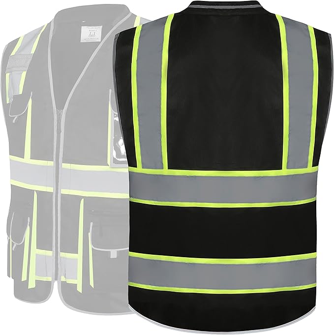 JKSafety 10 Pockets Hi-Vis Zipper Front Black Safety Vest | Cushioned Collar | High Reflective Tapes with Extended Neon Yellow Strips | Meets ANSI/ISEA Standards (5X-Large, 89-Black)