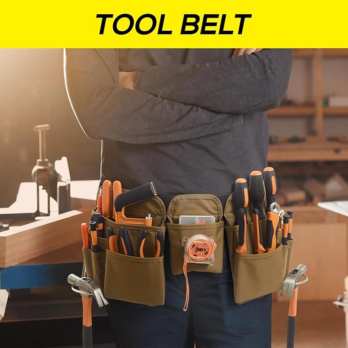 19 Pocket Tool Belts with Quick Release Buckle, Adjustable Utility Belt,Work Apron for Men and Women,for Garden,Electrician,Carpenter,Construction,Gifts(Khaki)