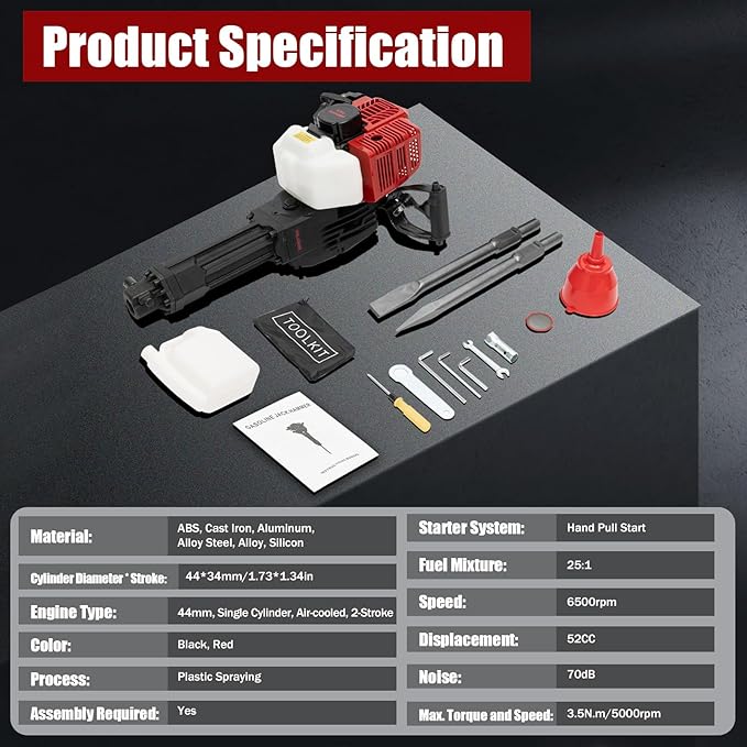 52CC 2 Stroke Demolition Jack Hammer, Gas Powered Concrete Breaker Punch Drill Jack Hammer, Heavy Duty Concrete Breaker for Trenching,Chipping,Breaking Holes