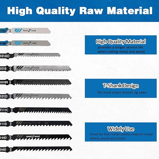 52PCS T Shank Jigsaw Blades Set,BeQell HCS/HSS Jig Saw Blades for Wood, Plastic and Metal Cutting(T118A,T118B,T101AO,T101B,T101BR,T101D,T111C,T11D,T144D,T244D)