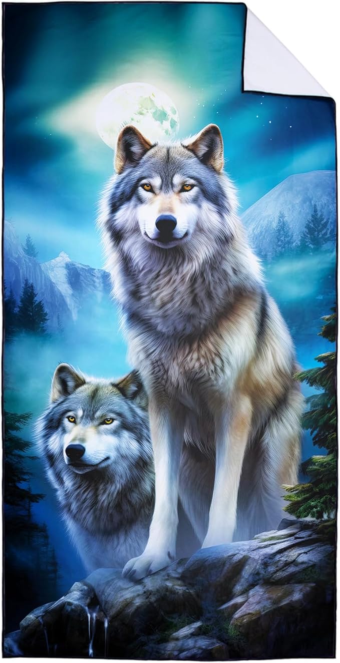 Moon Wolf Beach Towel Oversized 36" x 72", Thin Lightweight Sand Free Quick Dry Microfiber Towel for Swimming Pool Cruise Camping Travel