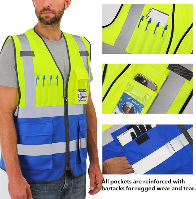 Dib Safety Reflective Vest High Visibility with Pockets and Zipper, Yellow and Blue M