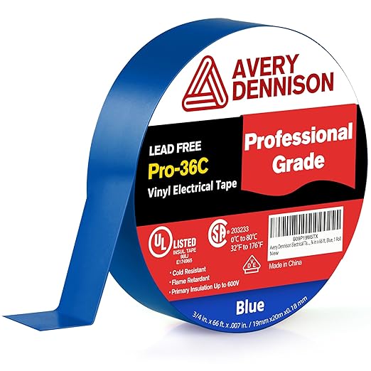 Avery Dennison Electrical Tape, Professional Grade PVC Electric Tape, UL/CSA Listed Insulating Vinyl Tape for Electrical, Repairs, Automotive and Equipment, Pro-36C, ¾ in x 66 ft, Blue, 1 Roll