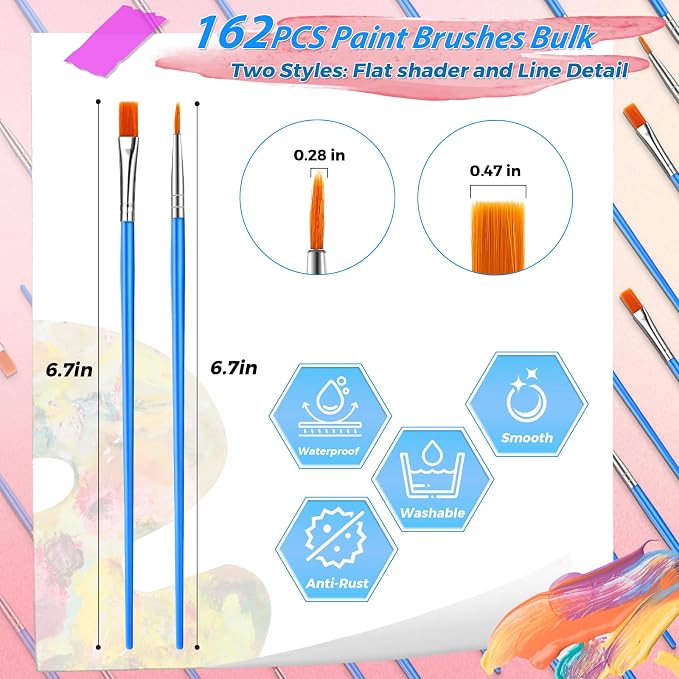 162 Pcs Paint Brushes Bulk, Round Flat Tip Acrylic Paint Brushes Set - Image 2