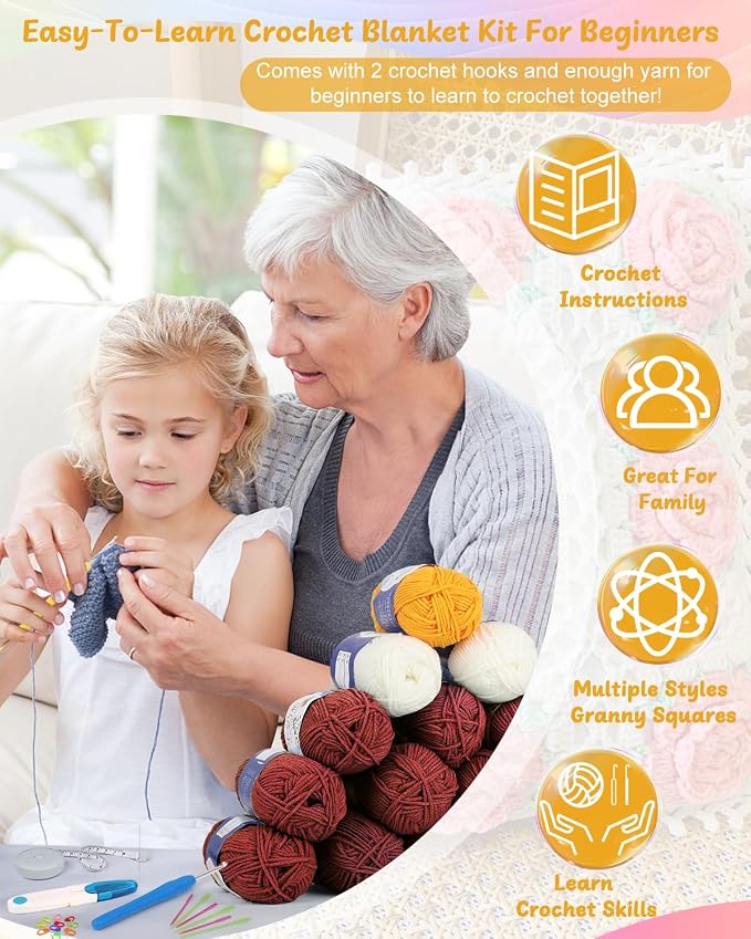 Coopay Crochet Kit Beginners for Blanket, Granny Squares Crochet Blanket Kit - Image 3
