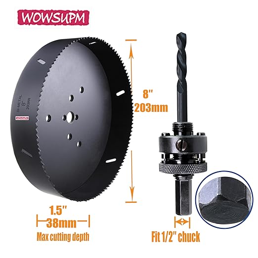 7-3/32” HSS Bi Metal Hole Saw Cutter with Arbor Heavy Duty Hole Saw Bit for Wood Drywall Plastic Aluminum Mild Steel Iron Metal Stainless Steel