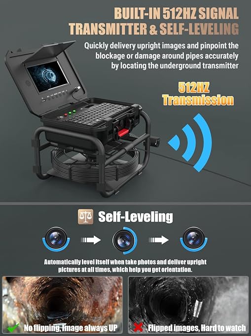 Anysun Sewer Inspection Camera Self-Leveling 512Hz Sonde Meter Counter, Built-in Microphone & Speaker, 1080P 9" IPS Monitor, IP68 Waterproof Endoscope Camera with DVR, 230Ft Harder Cable(16GB TF Card)