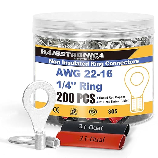 haisstronica Non Insulated Wire Connectors Kit，100pcs 1/4” Ring Terminals (AWG 22-16) with 100pcs 3:1 Heat Shrink Tubing for Automotive Marine，Brazed Seam Wire Crimp terminals