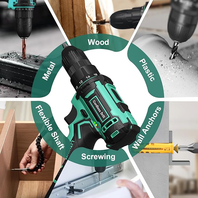 Cordless Drill Set,12V Power Drill Driver 3/8" Keyless Chuck with 42 Acessories, Built-in LED Light, 25+1 Position, Electric Drill for Home DIY Projects（Cyan）