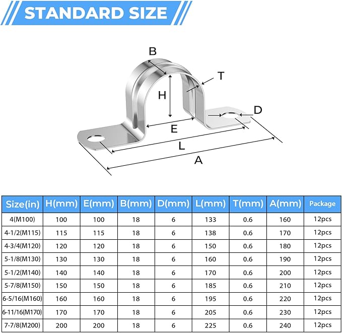 12Pcs 5 7/8 Inch (150mm) 304 Stainless Steel Conduit Clamps, U-Tube Strap Pipe Clamp 2 Hole Strap U Bracket Rigid Pipe Metal Conduit Strap Tension Clips U-tube Clamp