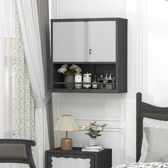 GREATMEET 31" H Garage Storage Cabinets, Lockable Storage Cabinet, Metal Wall Cabinet with Doors for Garage, Black&Grey