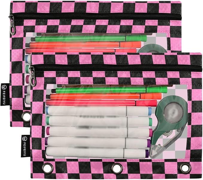 Checkerboard Pink Black Squares Pencil Pouch - Image 2